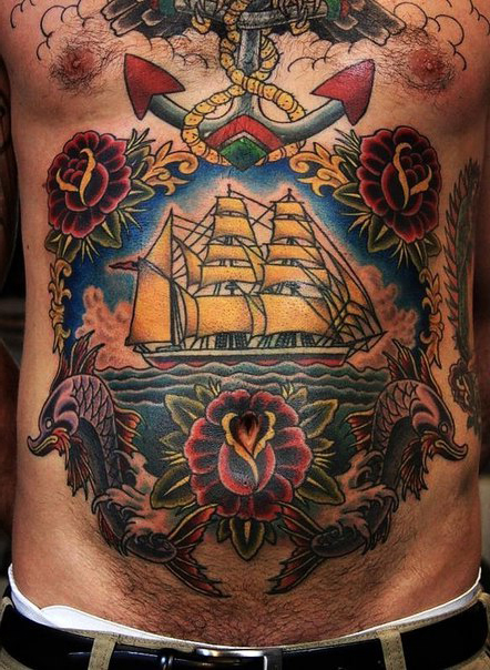 Belly Sailing Ship under Sails tattoo