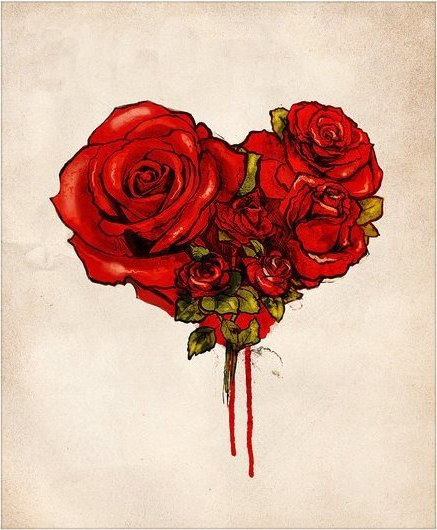 Bloody Flowed Heart rose drawing tattoo