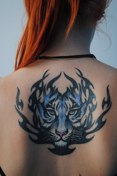 Flame blue tiger back tribal tattoo