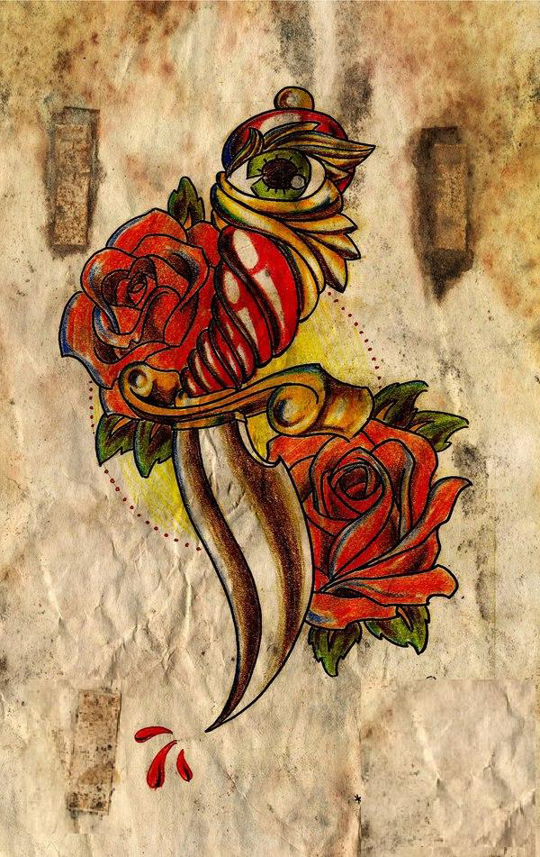 Pin Up Dagger rose drawing tattoo