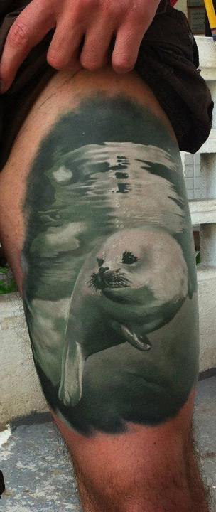 Underwater Seal realistic tattoo on hip