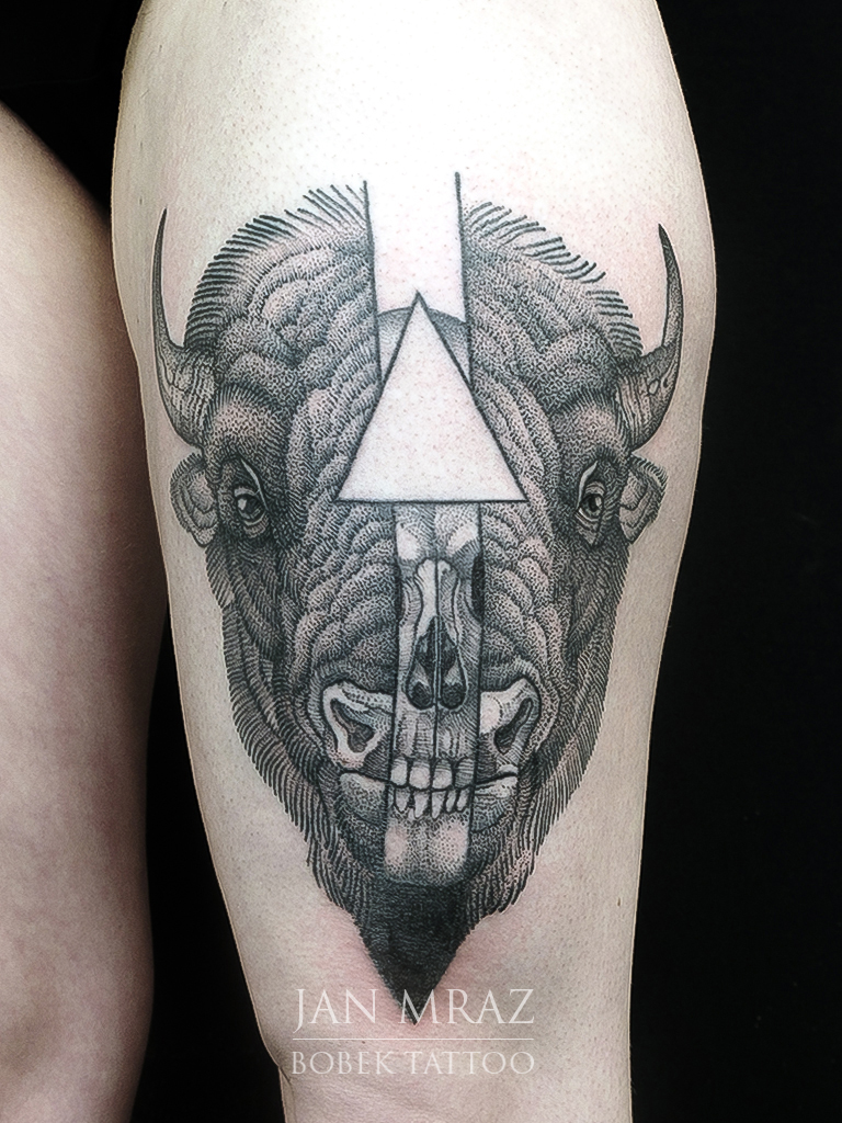 Bison Head Scull Dotwork tattoo by Jan Mràz