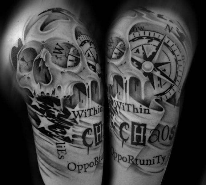 Chaos Opportunity Lettering Scull tattoo by Westfall Tattoo