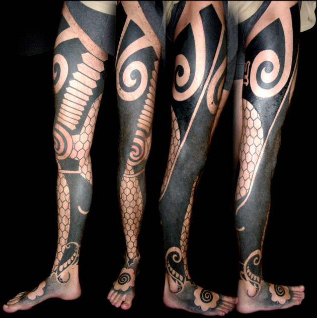Ethnic Tracery Blackwork tattoo idea on both Legs