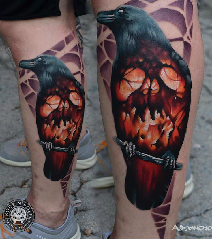 Fire Scull Raven tattoo by AD Pancho
