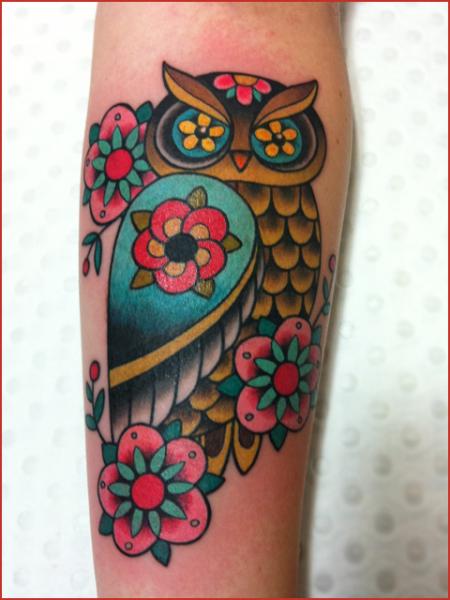 Flower Eyes Owl New School tattoo