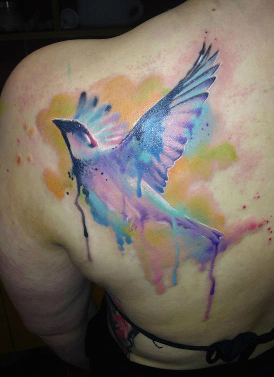 Fly Fast Sparrow Aquarelle tattoo by Adam Kremer