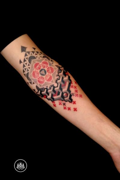 Grey Red and Black Geometry Dotwork tattoo by 2vision Estudio