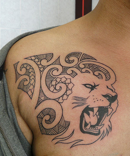 Growling Lion Tribal tattoo on Shoulder