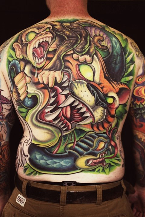 Monhey Tiger and Snake New School tattoo on full back