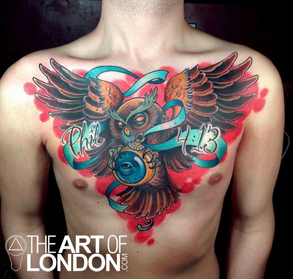 Owl Clock Chest tattoo by The Art of London