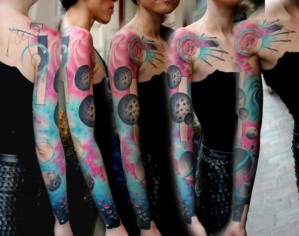 Pink Space Planets tattoo sleeve