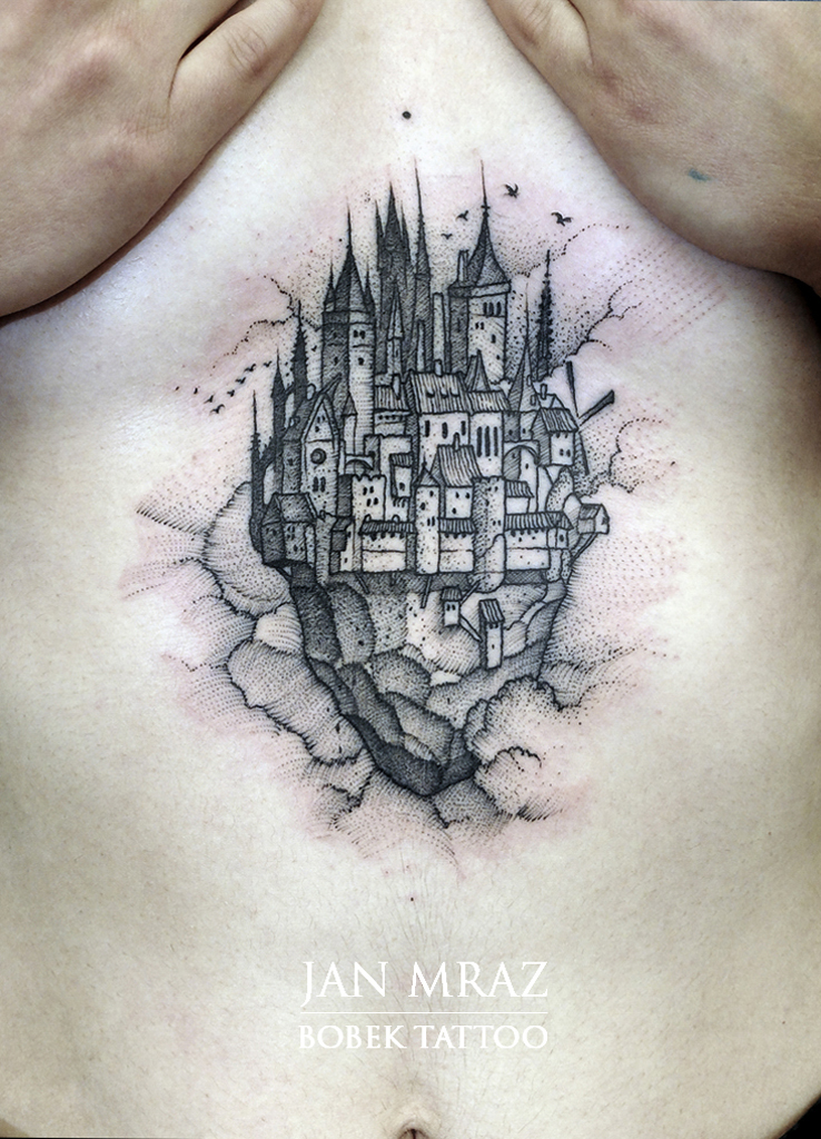 Sky Castle Dotwork tattoo by Jan Mràz