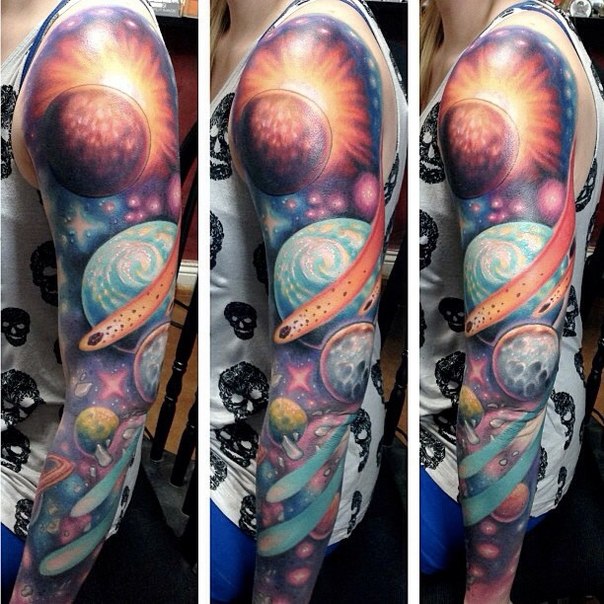 Sunburst Planets and Meteor tattoo sleeve