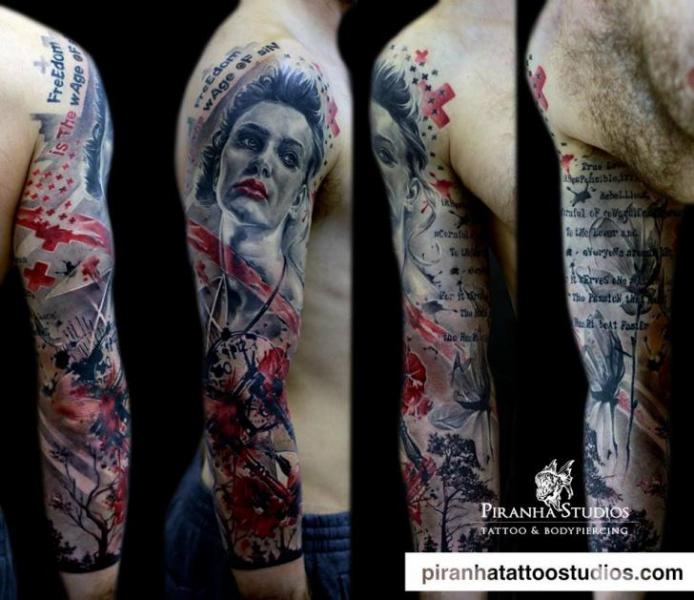 Woman Face Trash Polka tattoo by Piranha Tattoo Studio