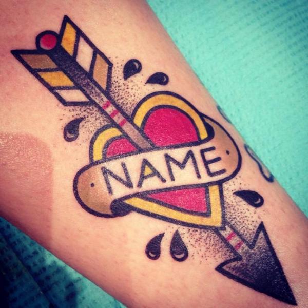Arrow Heart Name Lettering New School tattoo by Destroy Troy Tattoos