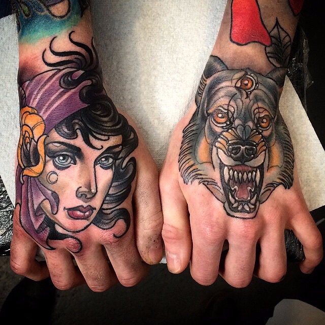 Back of Hands Gypsy Girl and Third Eye Wolf tattoos by Kat Abdy