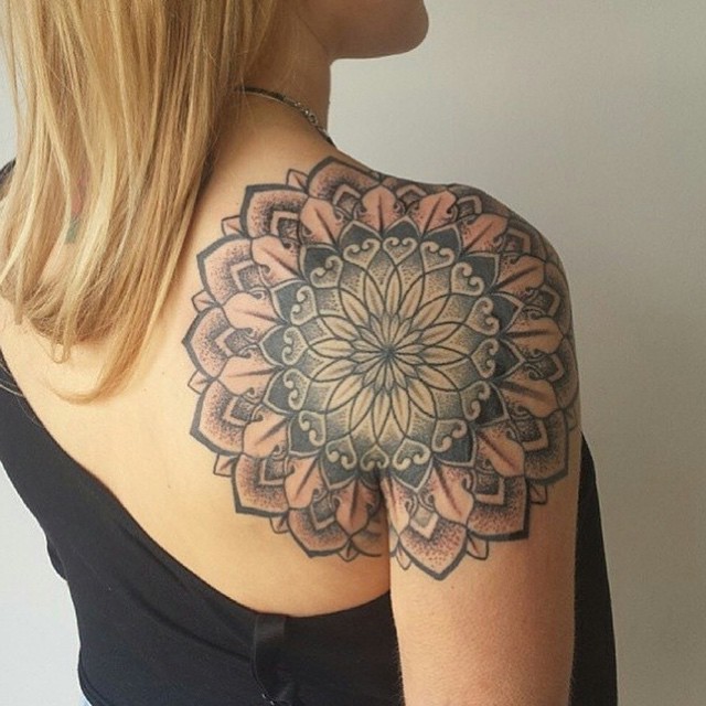 Back of Shoulder Mandala Dotwork tattoo by Niall Shannon