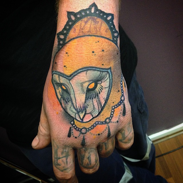 Baroque Owl tattoo on Back of Hand by Jef Small