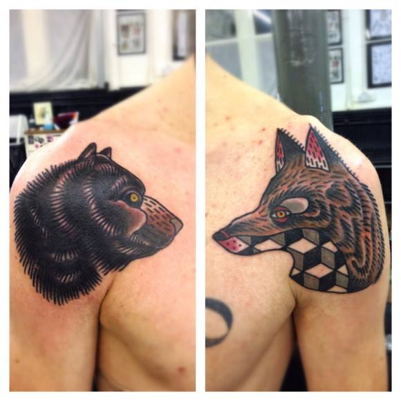 Bear and Wolf New School tattoo by Matt Cooley