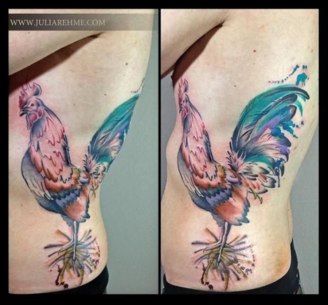 Belly Side Rooster Aquarelle tattoo by Julia Rehme