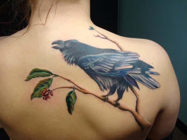 Berries and Raven Realistic tattoo by Tantrix Body Art