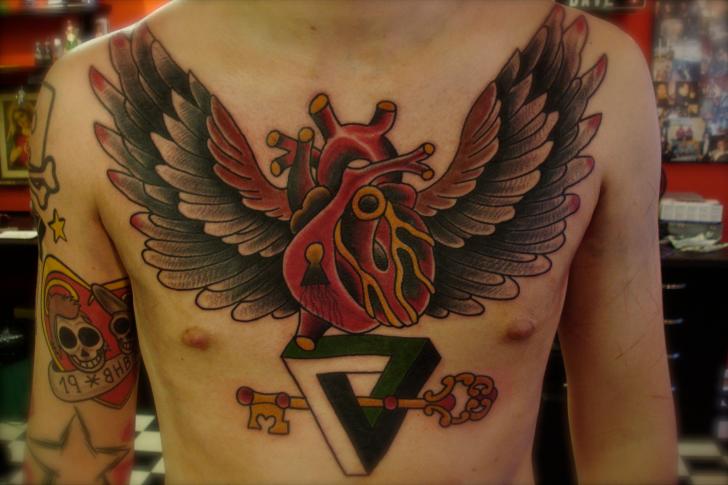 Black Wings Heart Lock New School Chest tattoo by Destroy Troy Tattoos