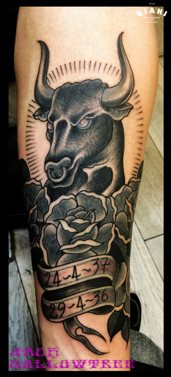 Black Work Bull tattoo by Jack Gallowtree