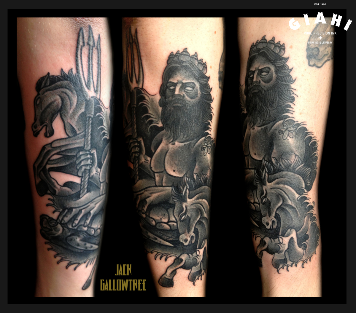 Blackwork Neptune tattoo by Jack Gallowtree