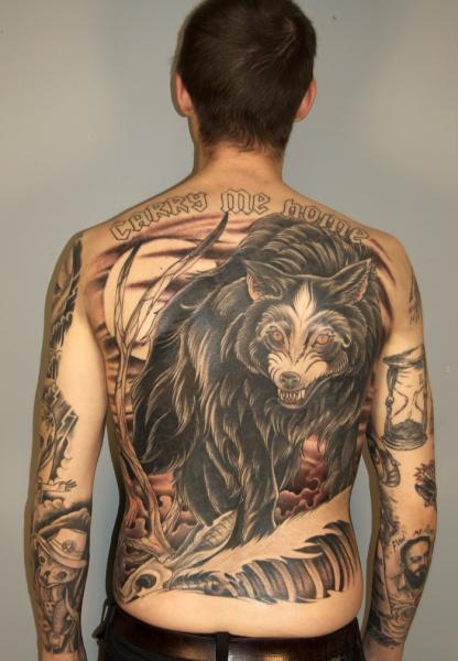 Blackwork Wolf upon Prey Carry Me Home Lettering tattoo by Three Kings Tattoo