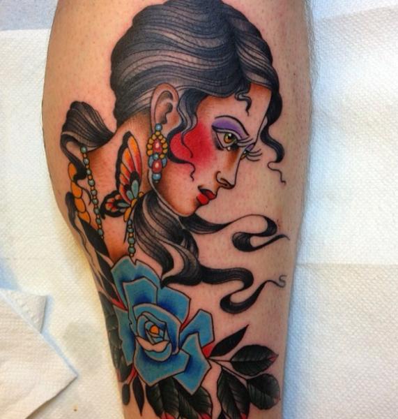 Blue Flower Old School Girl tattoo by Three Kings Tattoo