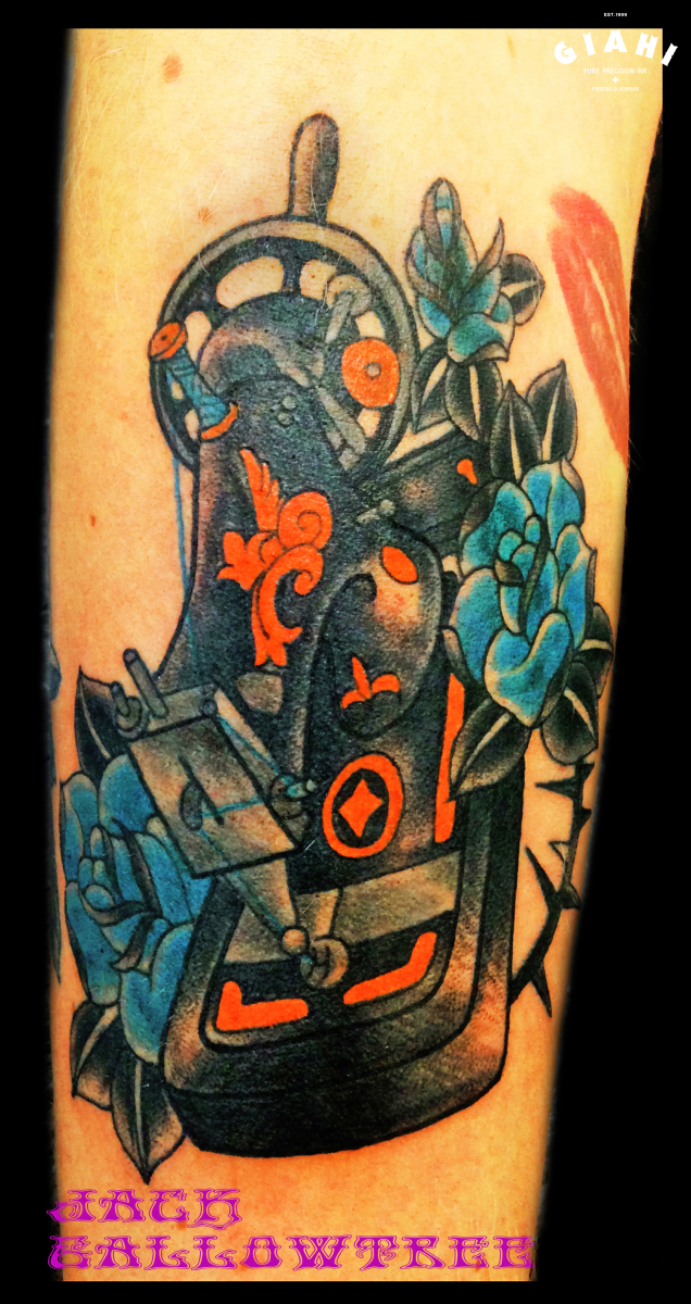 Blue Flowers Sewing Machine tattoo by Jack Gallowtree