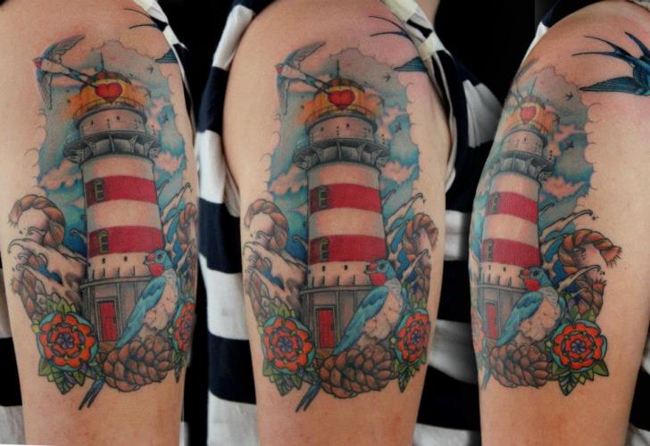 Blue Sky Bird Heart Lighthouse tattoo by Skin Deep Art