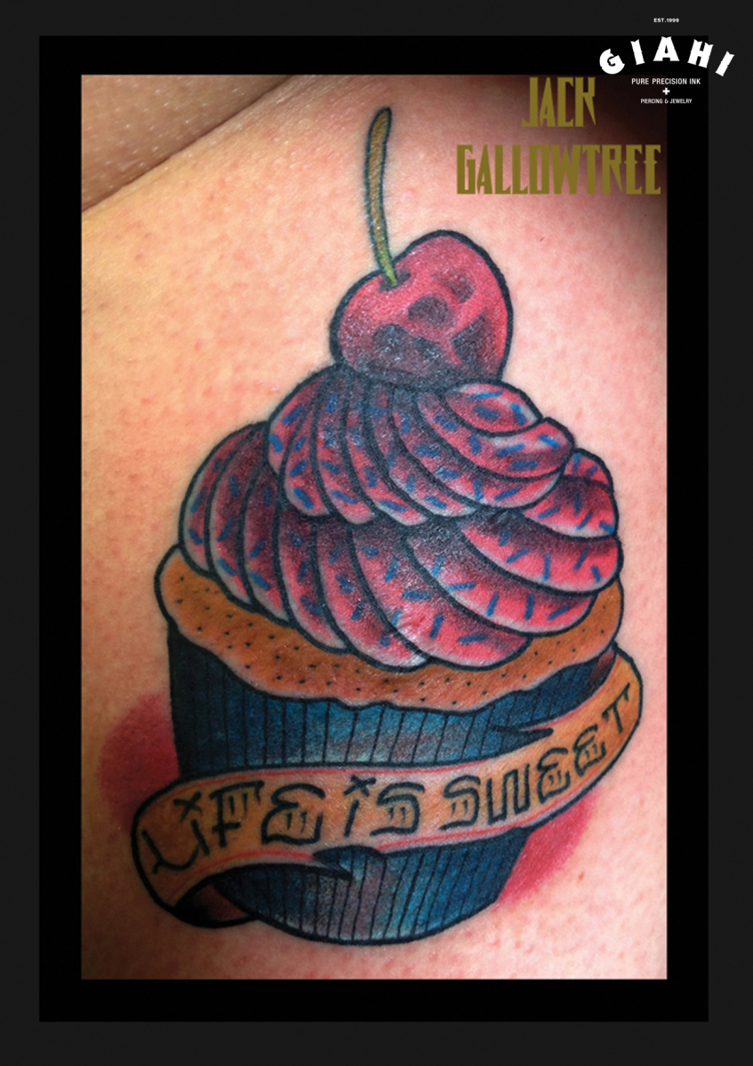 Cherry Top Cake Life Is Sweet Lettering tattoo by Jack Gallowtree