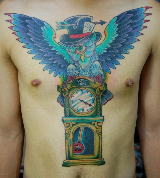 Clock One Eye Owl New School tattoo by Illsynapse