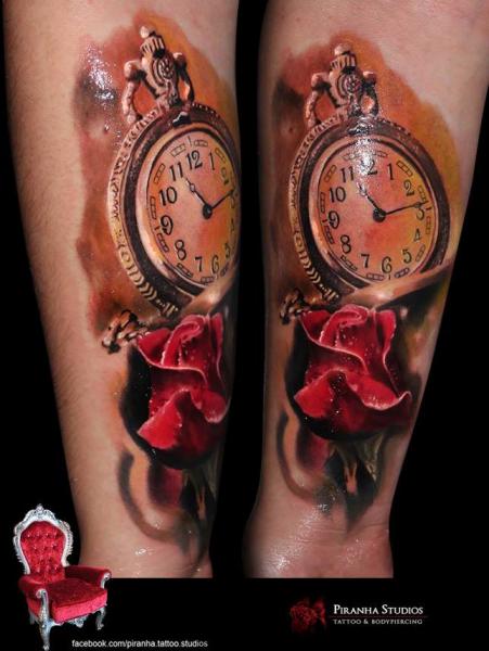 Clock and Rose tattoo by Piranha Tattoo Supplies