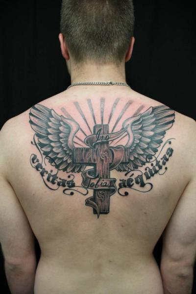 Crusifix Wings Veritas Aequitas Lettering tattoo by Skin Deep Art