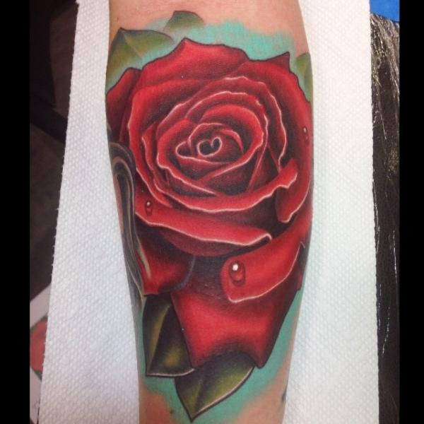 Dew Drops Red Rose Realistic tattoo by Mike Woods