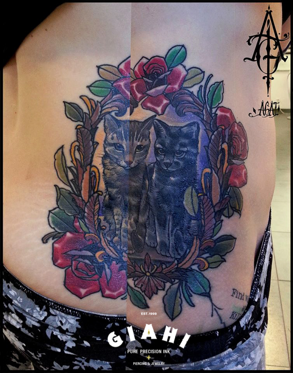 Flower Frame Two Cats tattoo by Agat Artemji