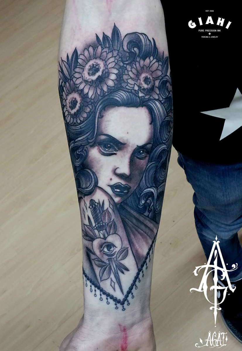 Flower Head Stabbed Heart Girl tattoo by Agat Artemji