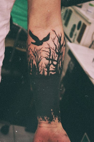 Forest Fire Crow Blackwork tattoo