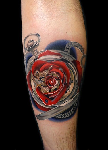 Fusion Pocketwatch Rose tattoo by Andres Acosta