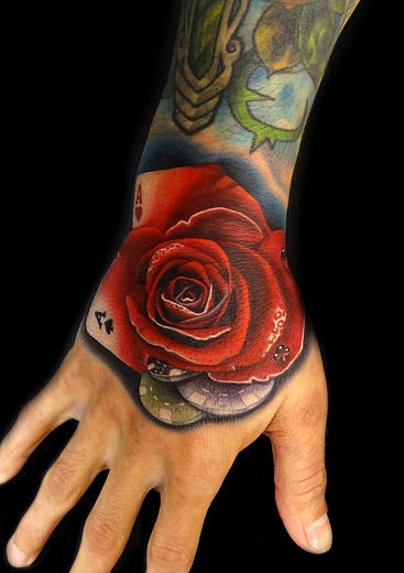 Gambling Poker Rose tattoo by Andres Acosta