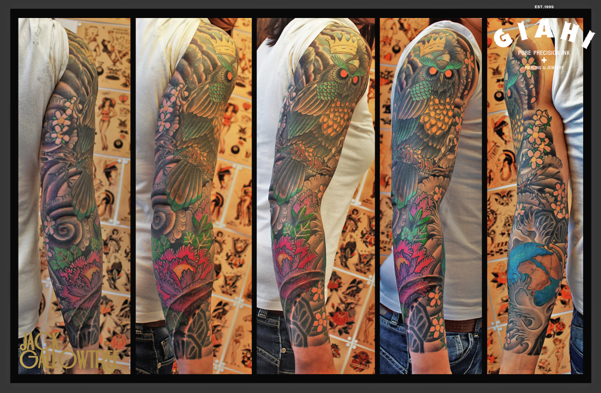 Globe Owl Japanese tattoo sleeve by Jack Gallowtree