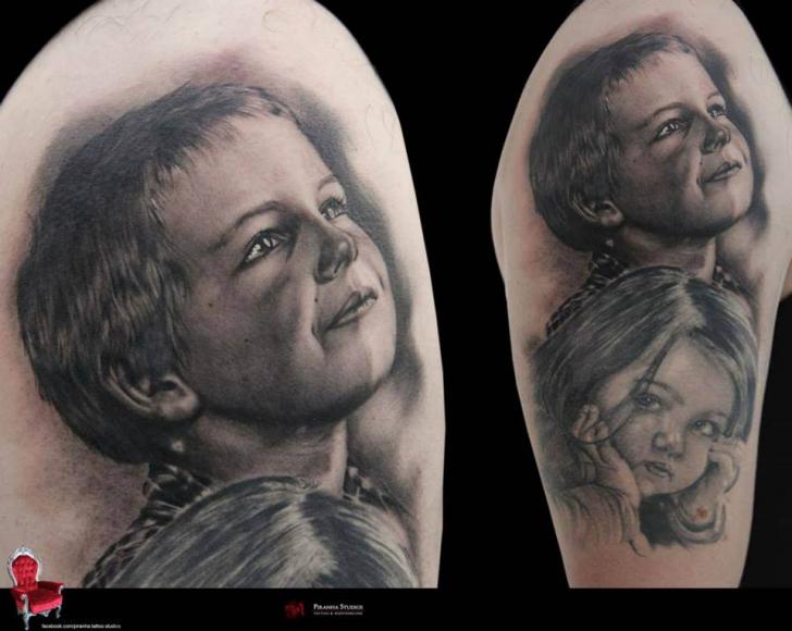 Great Realistic Graphic Kids Portraits tattoo by Piranha Tattoo Supplies