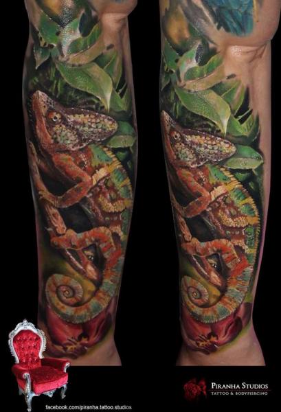 Green Leaves Chemeleon Realistic tattoo by Piranha Tattoo Supplies