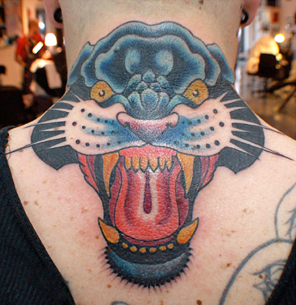 Growling Old School Panther tattoo by Three Kings Tattoo on Neck