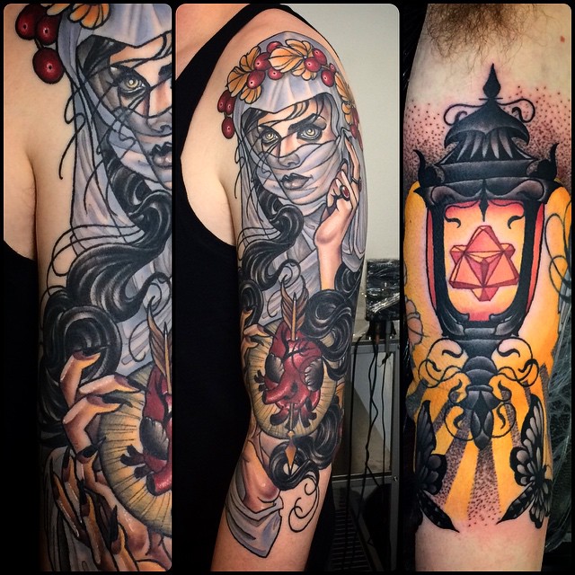Heart Shot Girl and Lantern tattoo by Kat Abdy