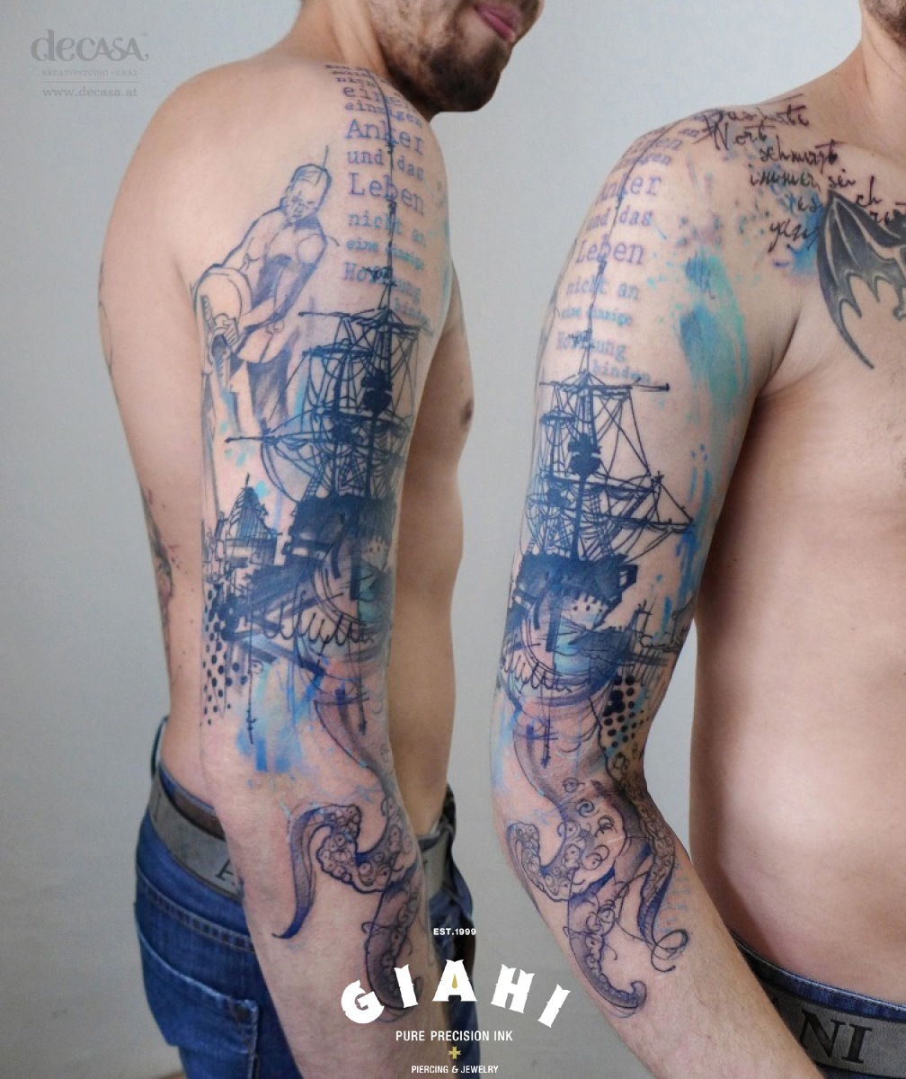 Kraken Sailing Ship Trash Polka tattoo by Carola Deutsch