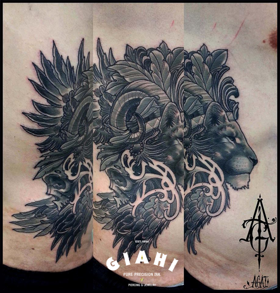 Leaves Mane Lion Graphic tattoo by Agat Artemji